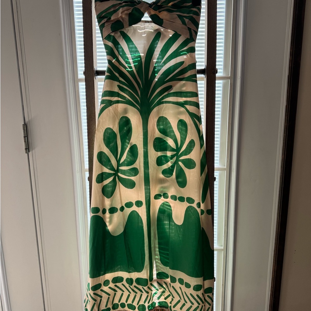 Johanna Ortiz Green and Cream Strapless Maxi Dress w Tie Back & Fringe Bottom